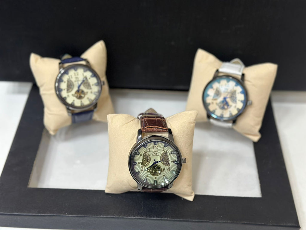 ساعة يد كلاسيكية ميكانيكية للرجال– تصميم فاخر مع حزام جلدي